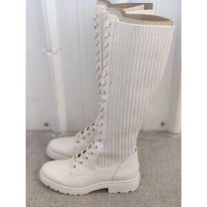 Sam Edelman Womens Sz 7.5 M Ivory Leather / Fabric Lace Up 16" Shaft Tall Boots